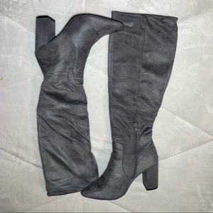 gray suede thigh high heeled boots